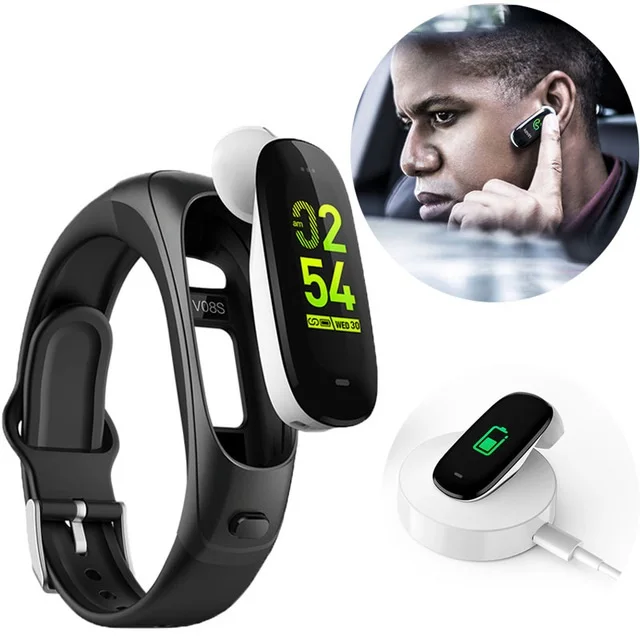 

V08s Bluetooth Headset Bracelet 2 in 1 Smart Wristband 0.96" Blood Pressure Heart Rate Monitor Fitness Tracker Earphone With Mic