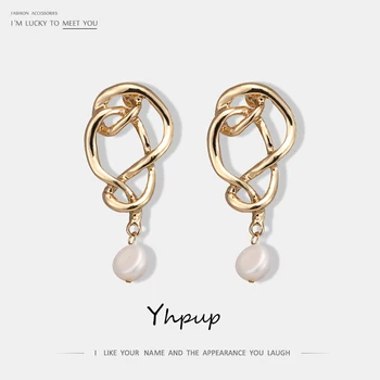

Yhpup New Fashion Personality Copper Geometric Dangle Earrings Natural Pearls Statement Earrings for Women Party Jewelry Gift
