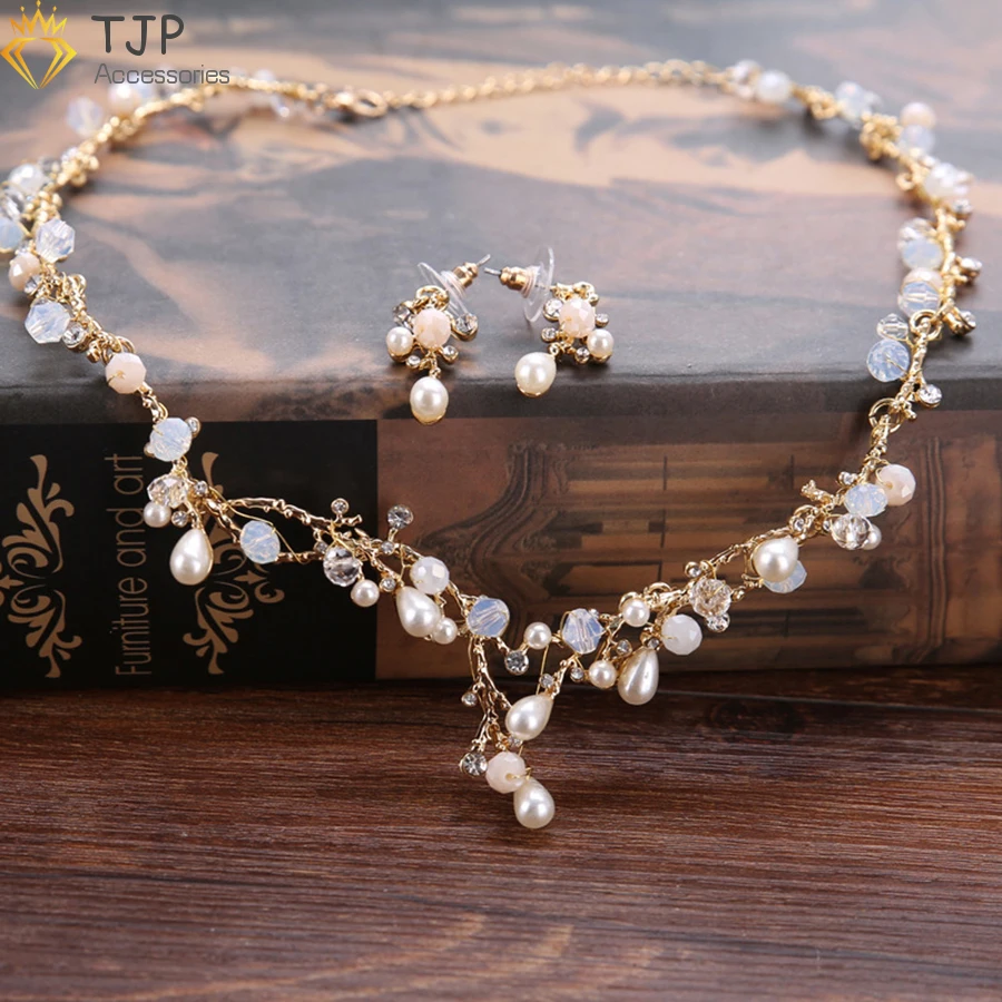 TJP Golden Twig Crown Hairwear Necklace Earring Set Tiara Rhinestone Wedding Jewelry Women Fashion Bridal Crystal | Украшения и