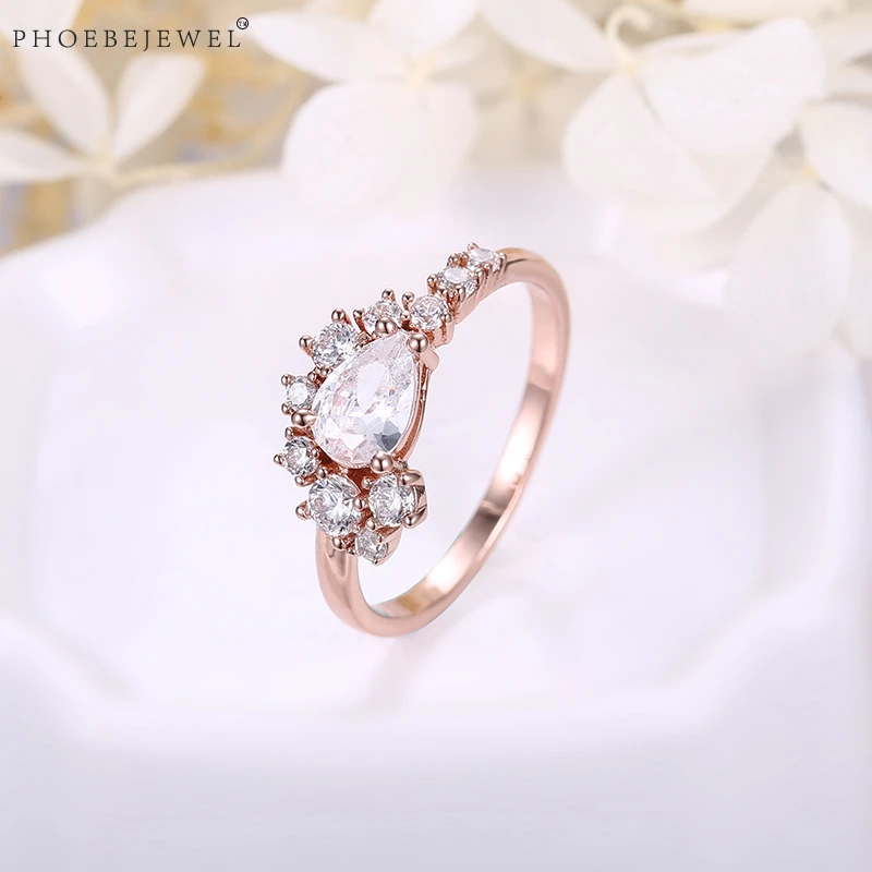 

PHOEBEJEWEL Natural Rose Gold Color Finger Ring with AAA Clear Cubic Zircon for Women Wedding Party Fashion Jewelry Berloque