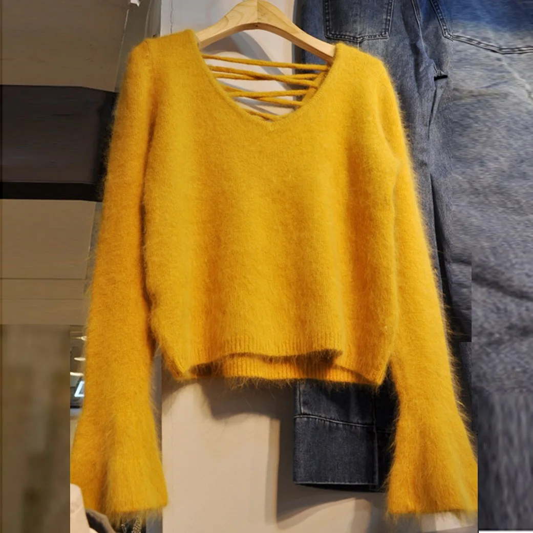2018 New Vogue Solid Lacing Women Sweater Korean Long Sleeve V Neck Female Knitted Pullovers Casual Loose Ladies Winter Base Top