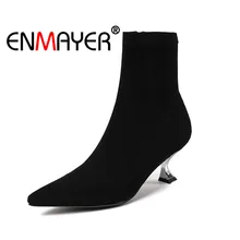 ENMAYER Women Ankle Boots Size 33-40 Causal High Heels Thin Heel Fashion Boots Pointed Toe Flock Shoes woman Zipper Sale CR1334 the new woman thin high heel pointed toe ankle boots fashion back zipper dress boots woman black red