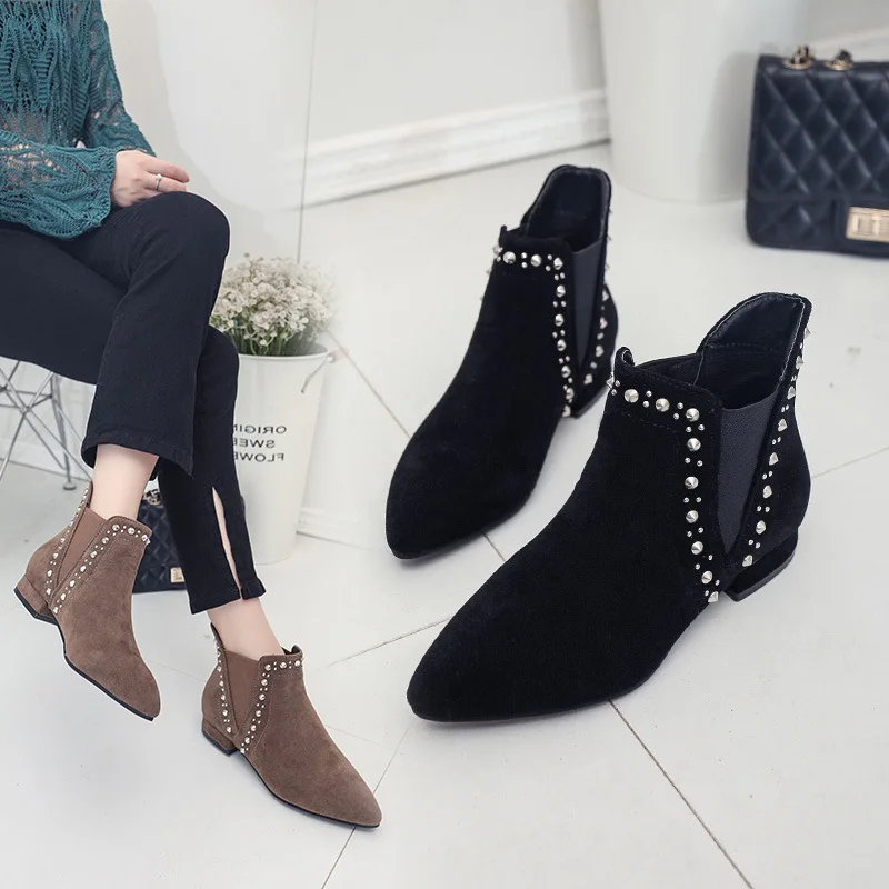 

Brand design pointed toe nubuck chelsea boots ladies rivet crystal decorate elastic slip on ankle bota mujer british shoes women