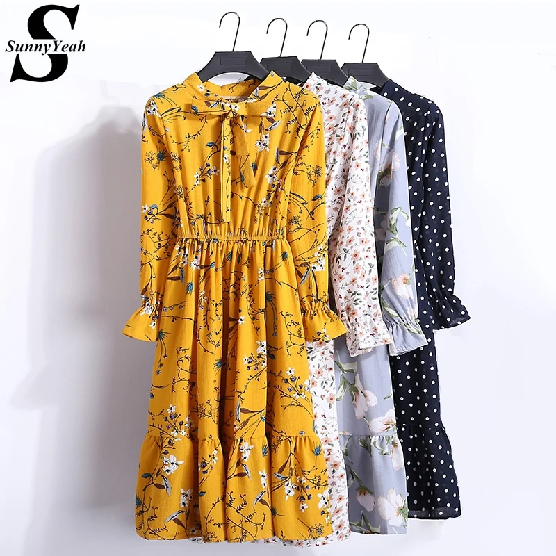 

Chiffon Elegant Dress Women 2019 Long Sleeve Party Midi Dress Female Ruffle Yellow Floral Print Dresses Ladies Clothes Vestidos