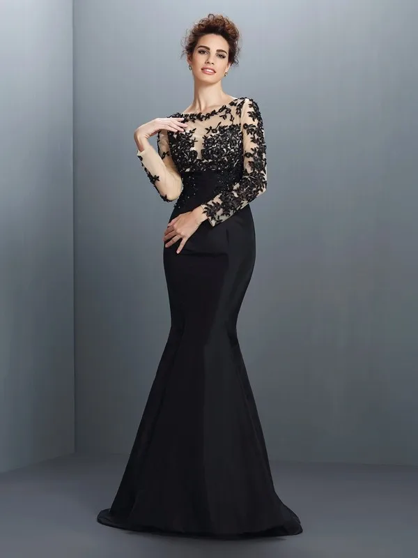 Cecelle Black Real Long Sleeves Mermaid Formal Evening Dresses Gown ...