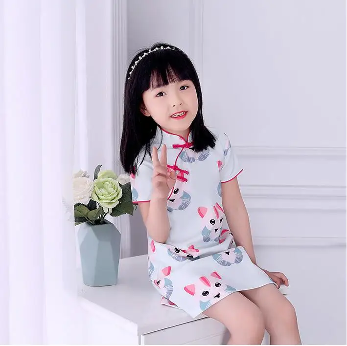Коллекция 2019 года, детские платья в китайском стиле традиционная одежда для мамы и дочки, платье-Чонсам с принтом в виде кошечки, семейная