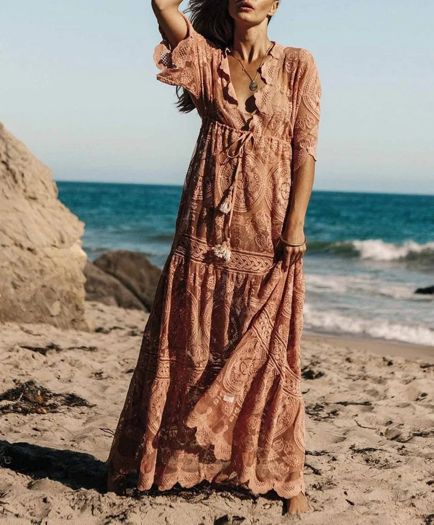 Jessie Vinson, женское кружевное длинное платье макси с v-образным вырезом, с коротким рукавом и вышивкой, плюс размер, прозрачное летнее пляжное платье