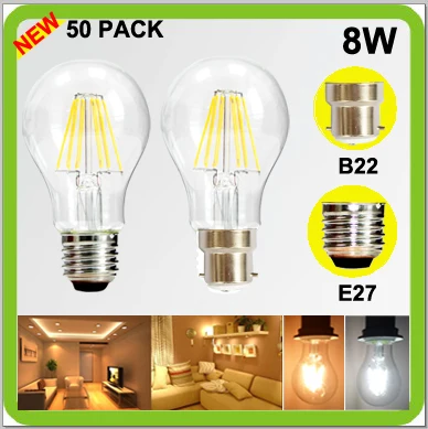 

Wholesales 50 PACK 120V 220V 230V 240V 8W LED filament bulbs bombilla led a60 a19 E27 screw B22 bayonet led retro edision bulbs