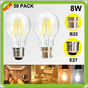 

Wholesales 50 PACK 120V 220V 230V 240V 8W LED filament bulbs bombilla led a60 a19 E27 screw B22 bayonet led retro edision bulbs