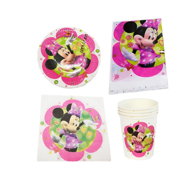 

61pcs \ lot Kids Baby Shower Favors Tablecloth Cartoon Decoration Plates Minnie Mouse Birthday Party Napkins Cups Events Present