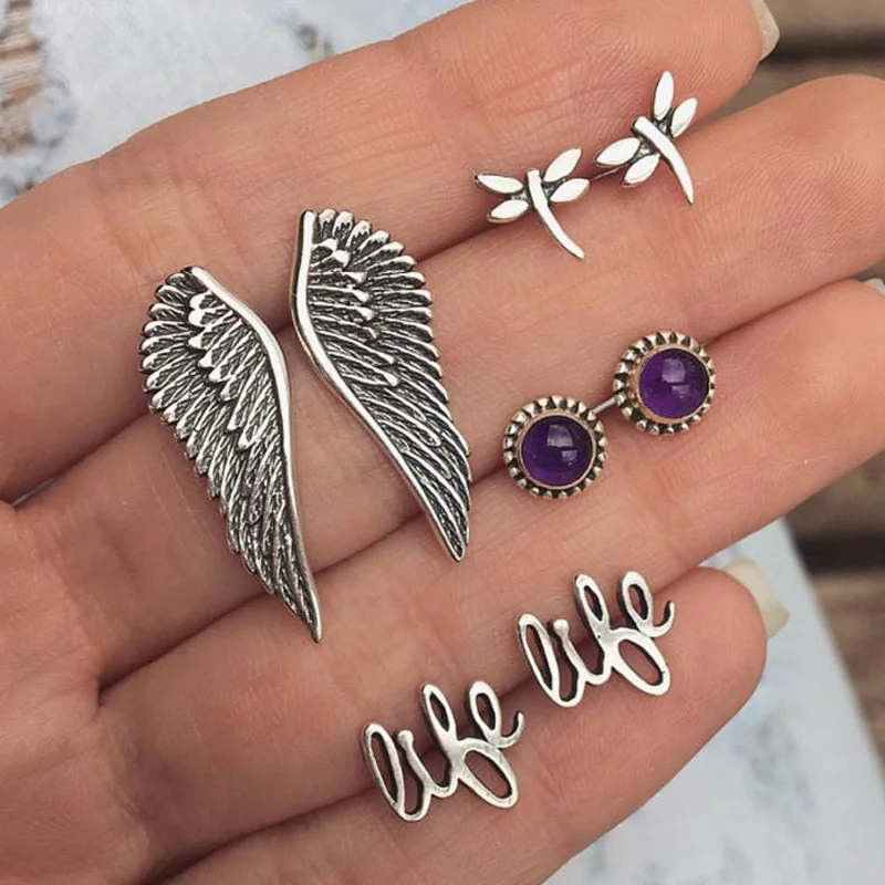 

4 Pairs Antique Silver Color Angel Wing Dragonfly Stud Earrings for Women Boho Gothic Love Stud Earrings Set Female Bijoux