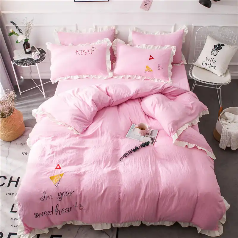 Embroidered Simple Grey Bedding Sets 4pcs Princess Pink Microfiber