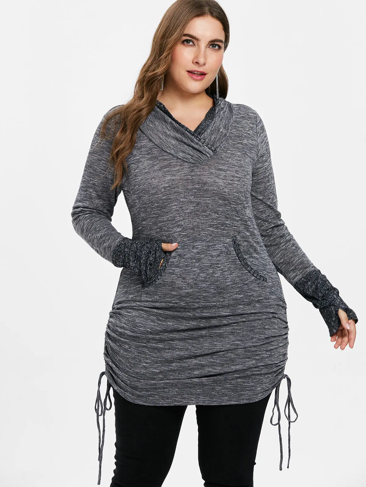 

Wipalo Plus Size Kangaroo Pocket Long T-Shirt Women T-Shirts Autumn Shawl Collar Long Sleeve Casual Shirt Tees 2018 Ladies Tops