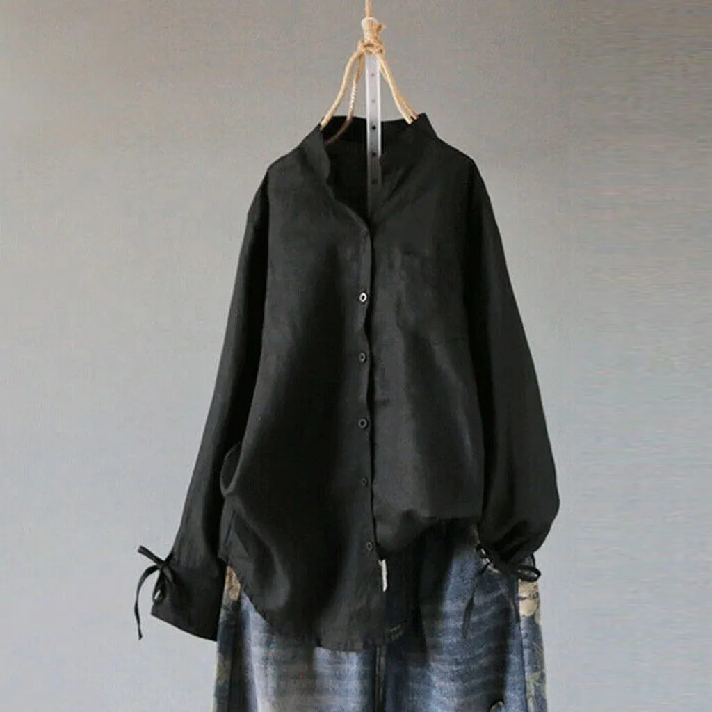 

Women's Summer Solid Color Long Sleeve Round Neck Button Casual Blouse Tops