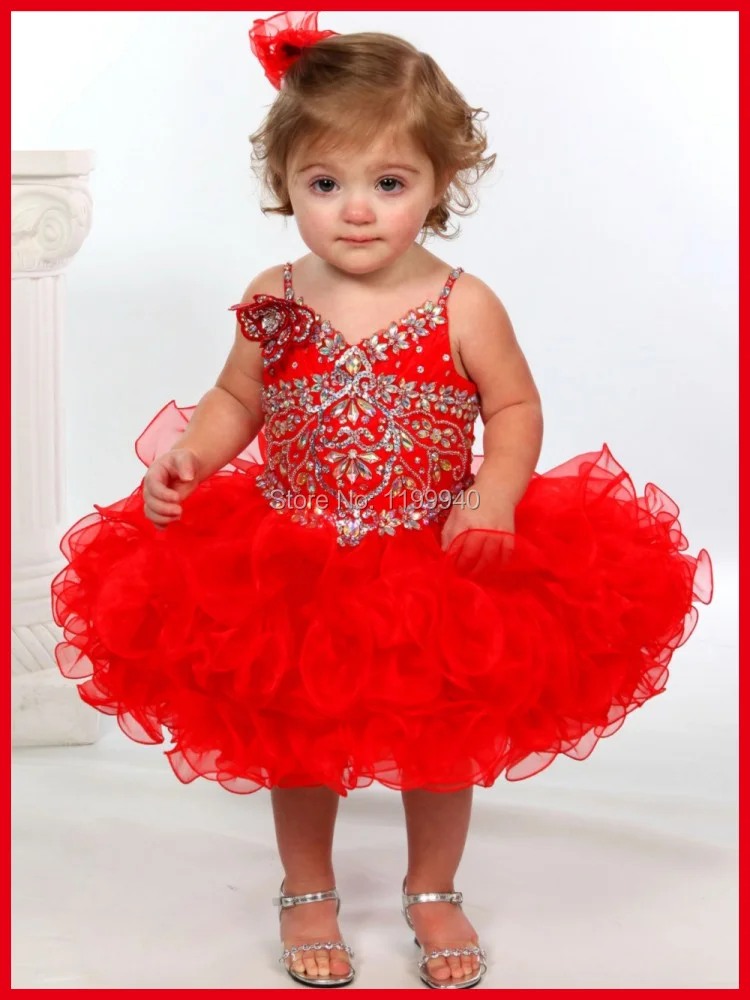 RedPrincessVNeckBeadingRhinestonesBabyGirlDressPartyFrocks