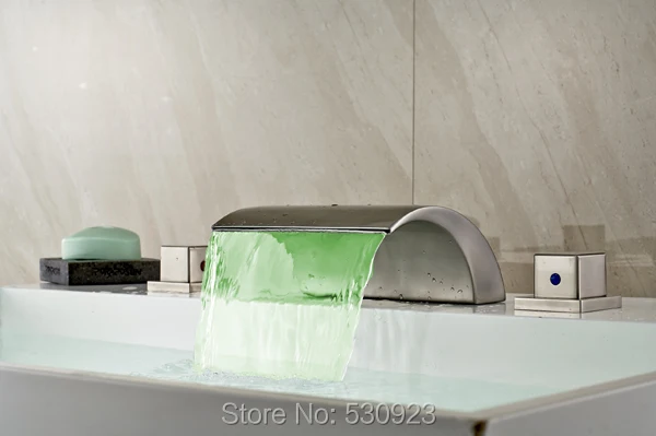 

New US Free Shipping LED Color Changing Tub Faucet Nickle Brushed Shower Faucet Modern Style Square Handles Mixer Tap Deck mount