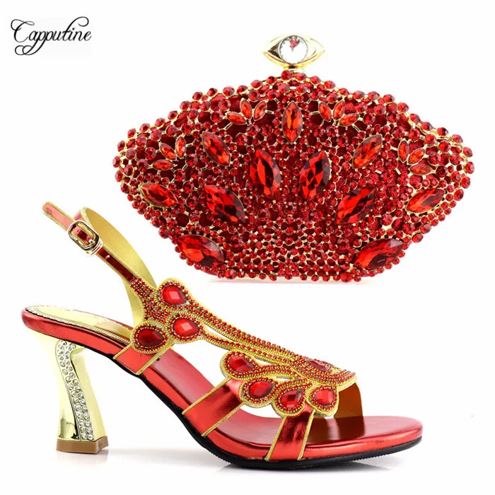 

Amazing lady pumps with bag set high heel buckle sandal shoes and purse handbag with stones T0888 in red