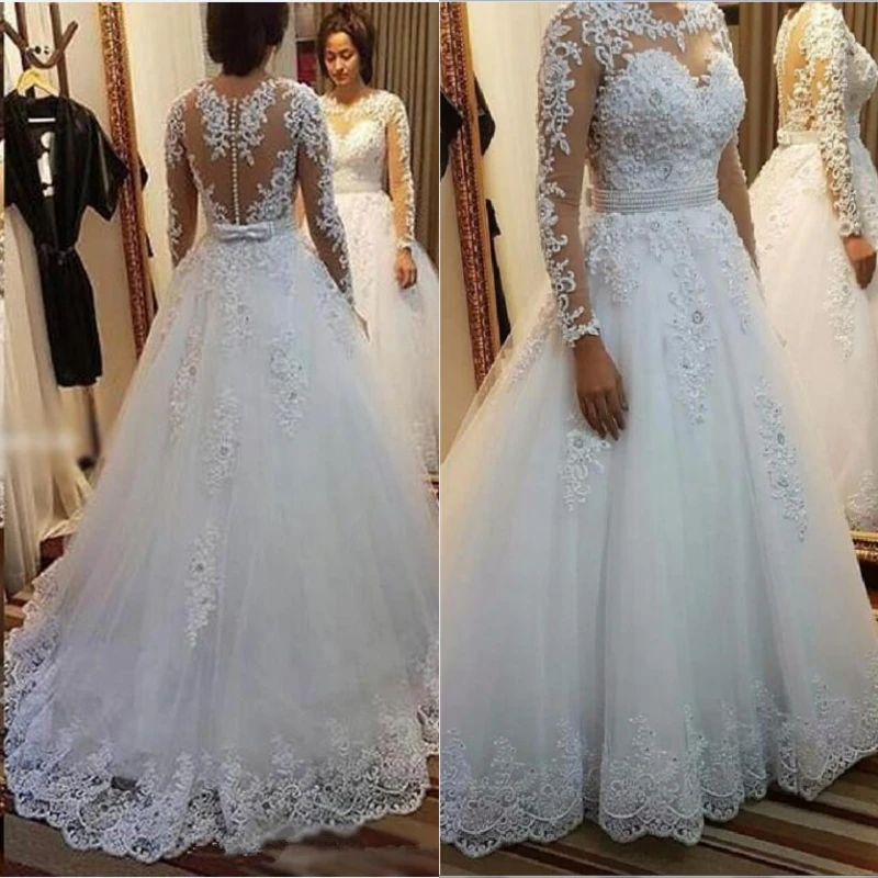 

white Ivory Long Dress plus size Vestido De Noiva Long Sleeves Wedding Dress 2019 New Vintage Lace Appliques Pearls Bridal Gown