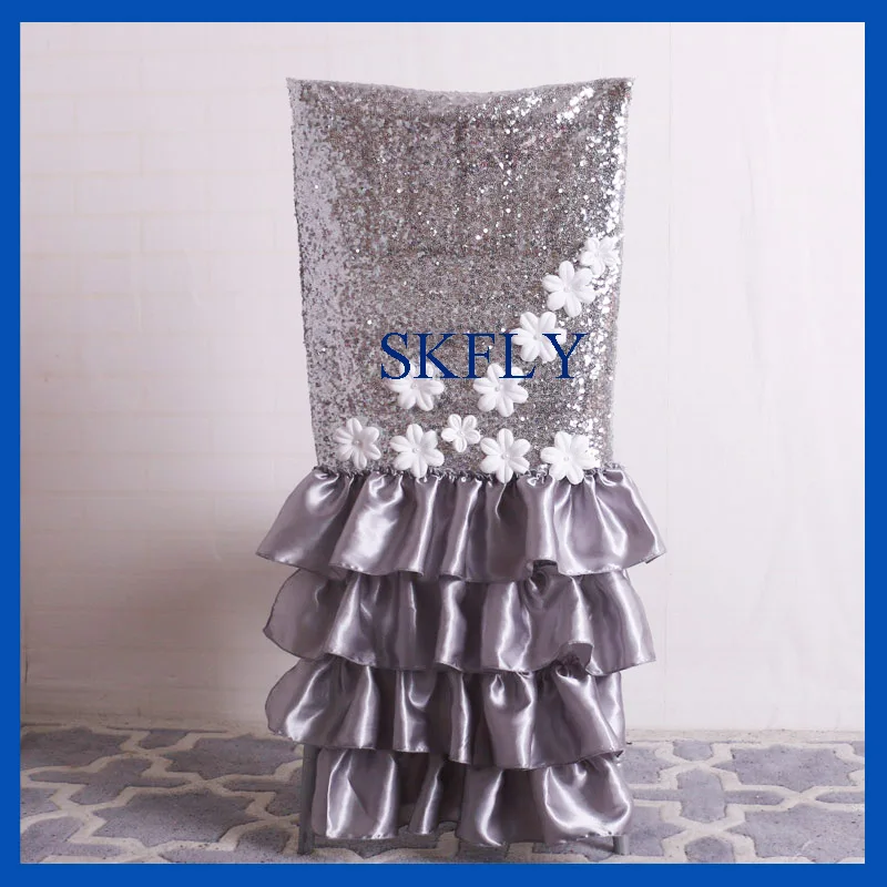 

CH048A New fancy custom made wedding silver sequin and ruffled grey satin standard chiavari chair cover with white flower