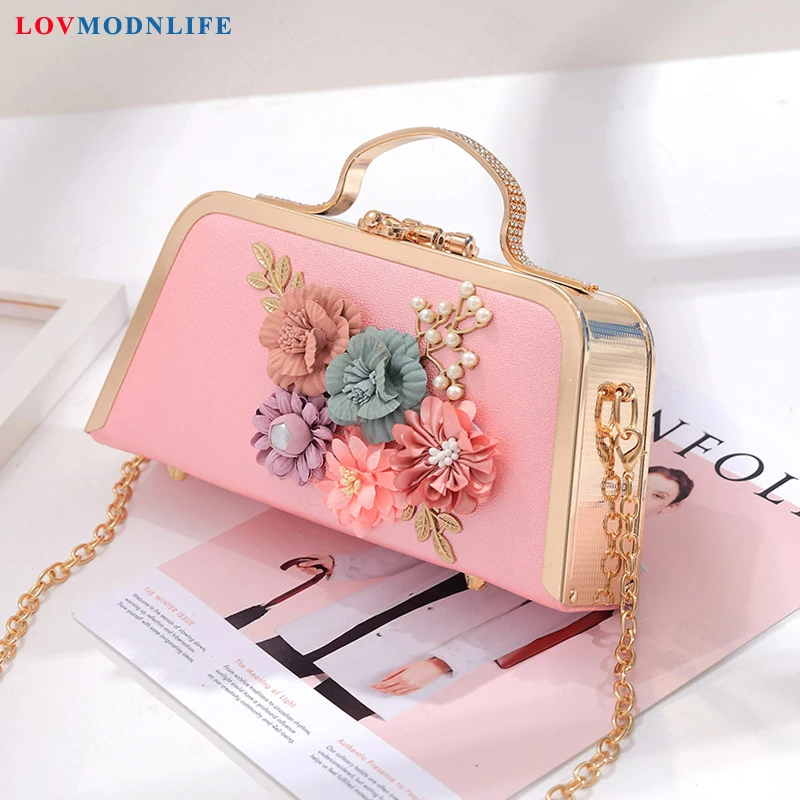 

Luxury PU Box Chain Pink women Handbags shoulder bags with Flowers on it High Quality Lolita style female ladies evening bag