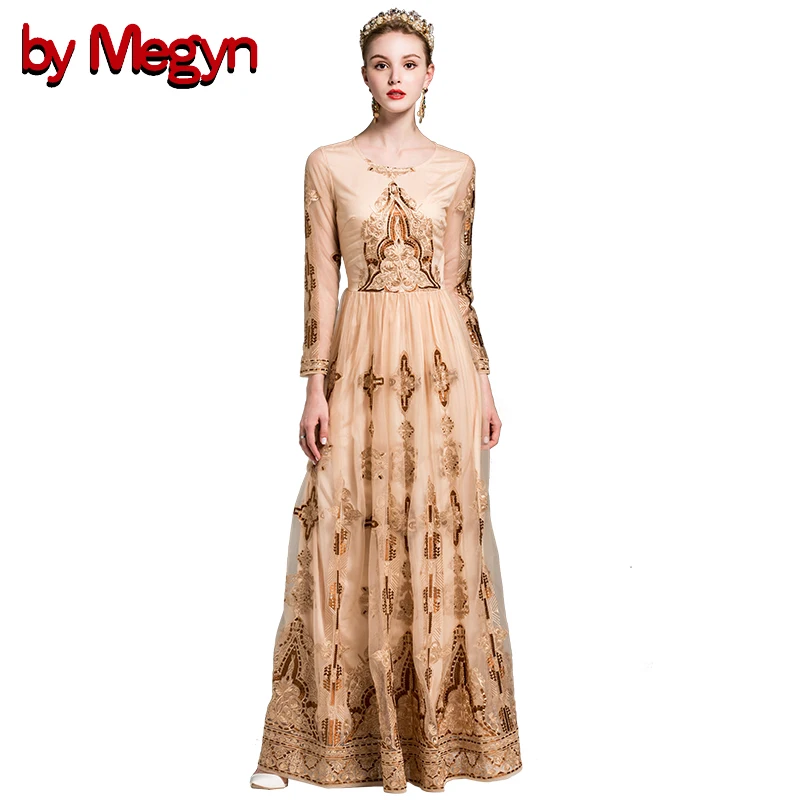 Door Megyn vrouwen winter jurk christmas party vrouwen maxi jurk met lange mouwen geborduurd retro elegante dames lange jurken vestidos