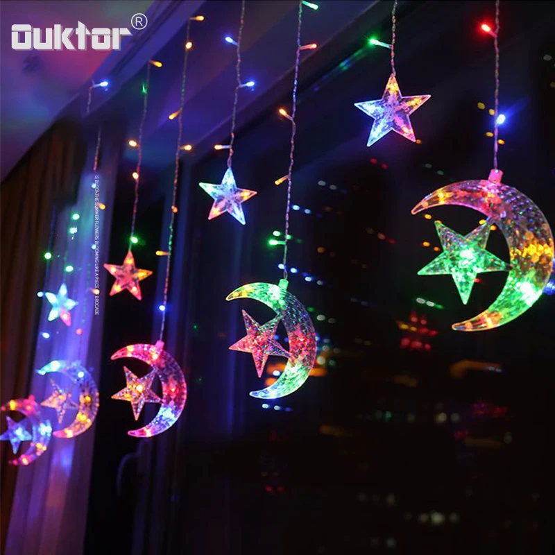 

New Years Holiday Lighting 138 Leds Fairy Star Moon Curtain String Garland Decoration for Christmas Wedding Light