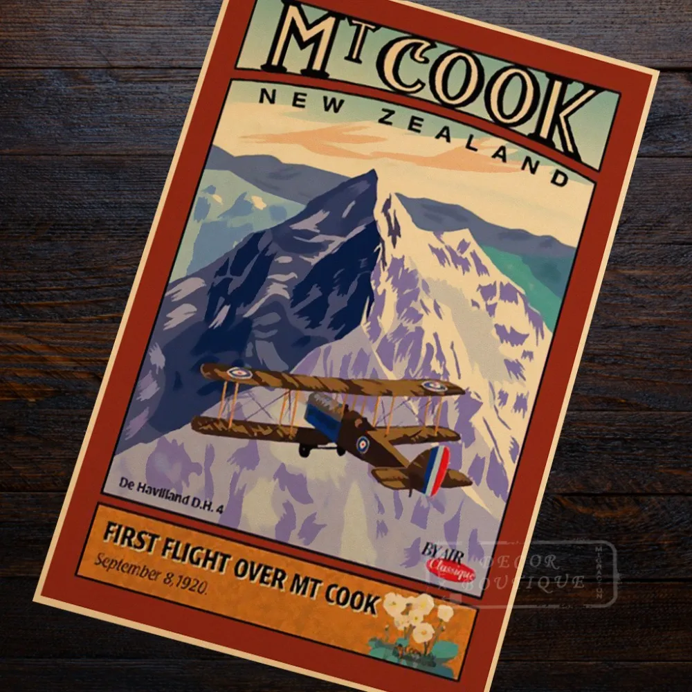 Mt Cook Mount First Flight Новая Зеландия NZ старинный ретро-постер из путешествия холст