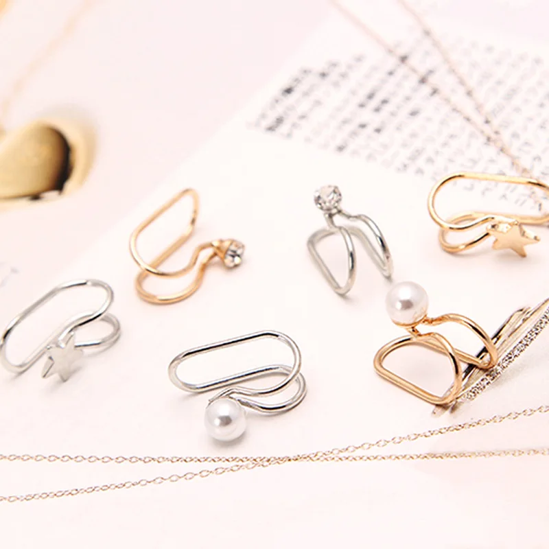 

SHUANGR Simple Joker Alloy Earrings For Women Ear Clip U-Shaped Earrings Earless Round Pearl Star Jewelry Party Wedding YY