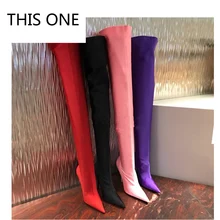 ONE2018 летние пикантные высокие сапоги до бедра; Сатиновые эластичные сапоги выше колена; Небесно-голубые узкие высокие сапоги на высоком каблуке; женская обувь