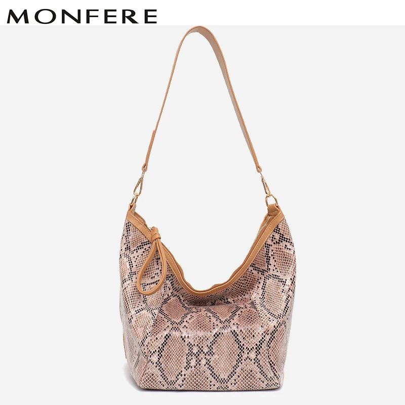 

MONFERE Fashion Female Large Shoulder Bags Snake Print Large Contrast Color Pillow Hobo Tote Bag Girl Messenger Bags for Women