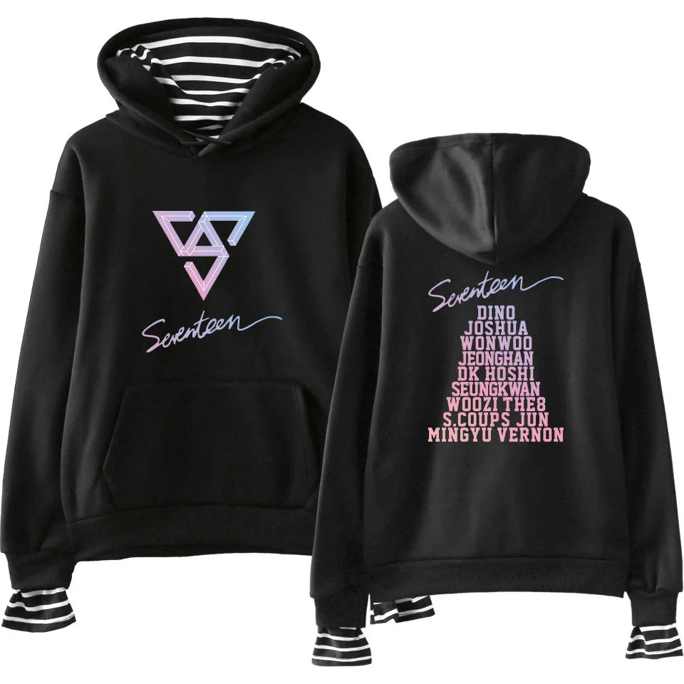 Kpop SEVENTEEN 17 harajuku полосатый воротник свободный поддельный два плюс бархатный