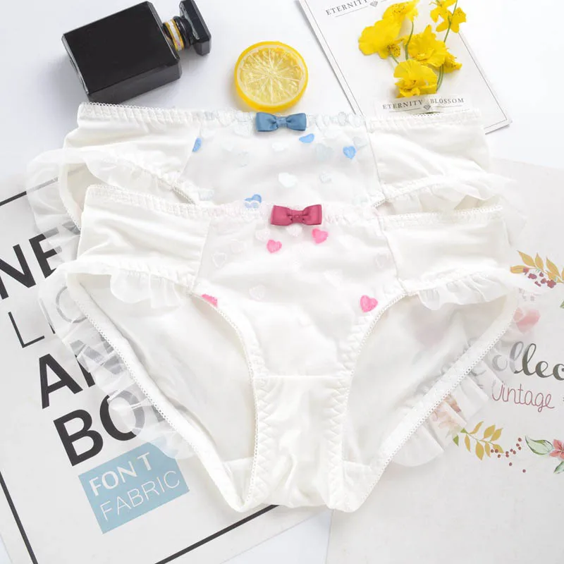 

Ruffled Mesh Lace Women Panties Cute Lovely Sweety Style Lady Underwear Milk Silk Low Waist Heart Embroidery Knickers Breifs