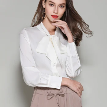 

Silk Stain Blouses shirts bow collar full sleeve Plus Size Woman Summer Tops 2020 formal elegant solid color top blouses lady