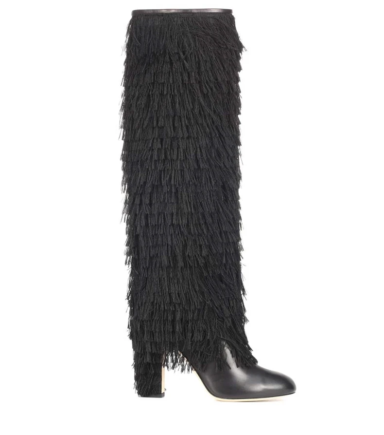 Vestido Botas Redonda Sexy Tacones Diseño en Altas Slip Mujer La Rodilla Cuadrado Pista Alta Negro Tassel De Nuevo Adornado Punta Dipsloot q7Pnt6q