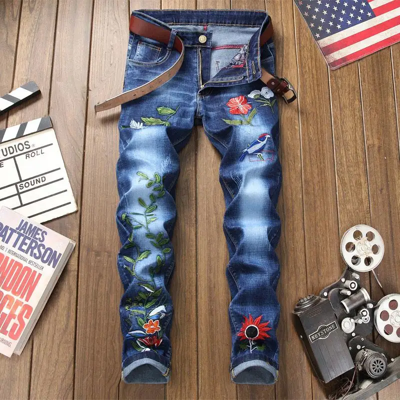 

Autumn Fashion Men Embroidered Flower Jeans Slim Fit Stretch Thin Hole Trousers Blue Denim Designer Jeans