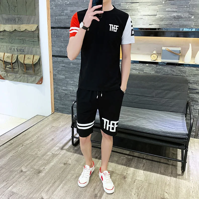 

2019 Men Tracksuit Summer Short Sleeve Tee Shirt+shorts Set Casual Slim Fit Sporting Track Suit Mens Masculino Two Pieces Sets