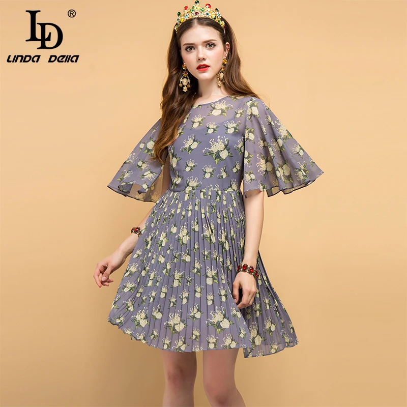

LD LINDA DELLA Summer Fashion Designer Vintage Dress Women's Flare Sleeve Pleated Mesh Overlay Floral Printed Elegant Dresses