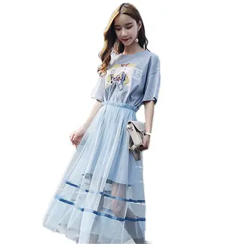 

Two-piece Set Women Retro T Shirts Summer Mesh Skirt 2019 Fashion New Female Print Boho Tshirt Korea Casual A-line Elbise f231