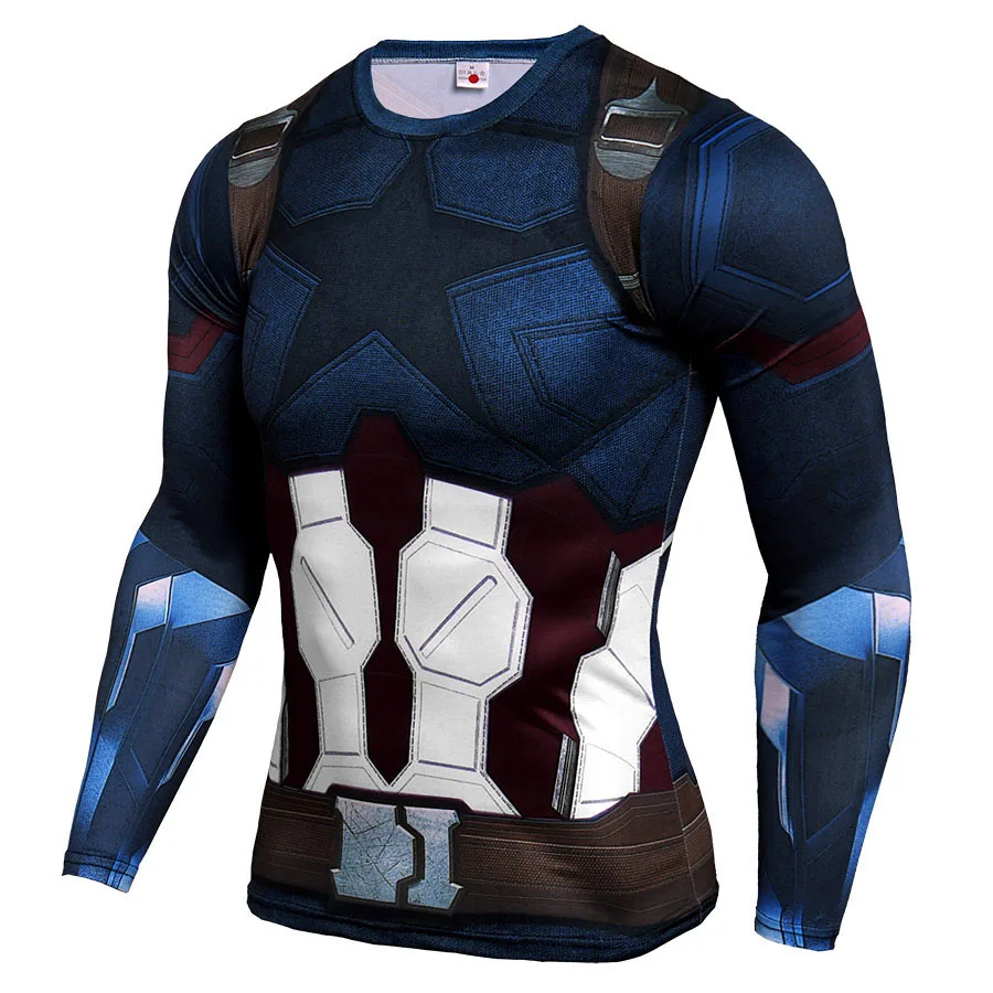 Мужская компрессионная рубашка с 3D принтом, костюм для косплея, Мужская футболка с длинным рукавом для тренажерного зала, фитнеса, Рашгард - Цвет: Captain America tee