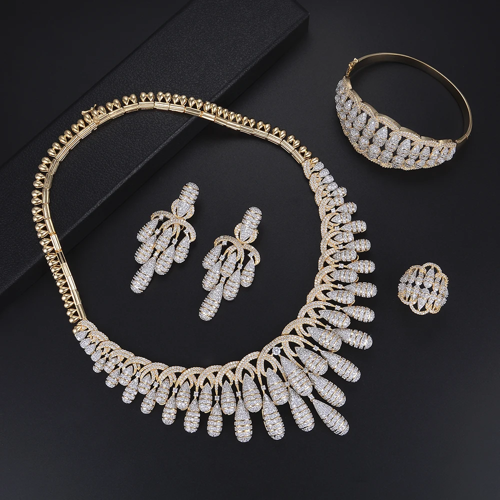 

Fashion Irregular Teardrop Pendant Jewelry Sets Rings Necklace Bracelet Earrings Sets Micro Cubic Zirconia For Women Wedding