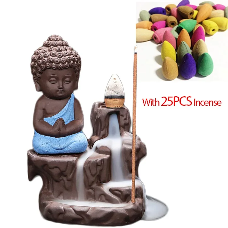 

25PCS Incense Cone + Red Buddha Incense Burner Cute Monk Buddha Ceramic Purple Clay Censer Backflow Incense Holder Gifts