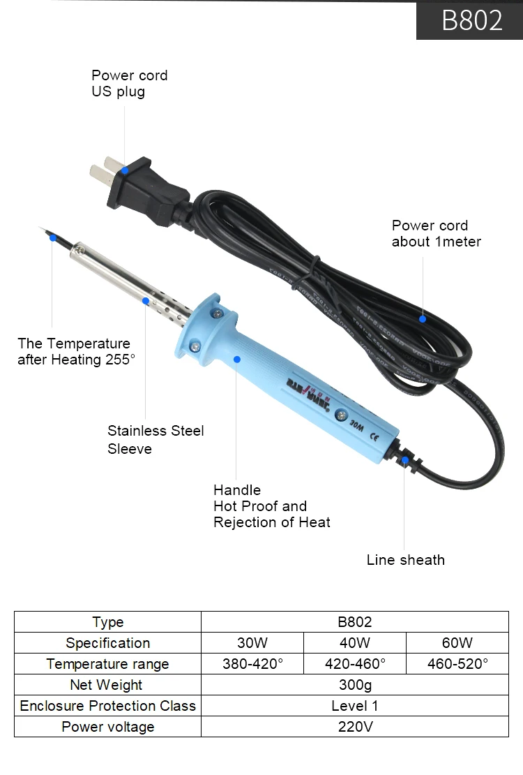 1 шт. B802 30 Вт/40 Вт/60 Вт 220 В с регулируемой температурой ручкой Электрический паяльник сварки