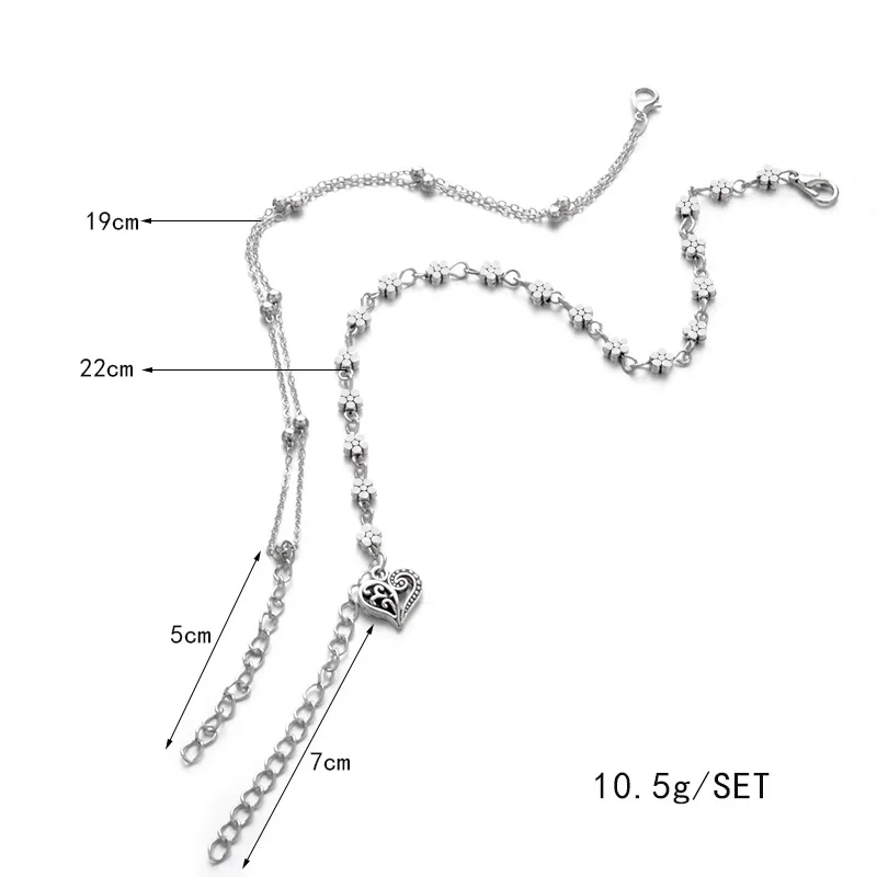 Набор из 2 винтажных металлических подвесок с тиснением в виде сердца, пляжные браслеты на ногу с бусинами серебристого цвета