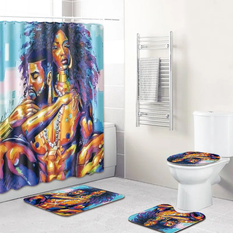King Queen Couple African Shower Curtain Fabric Lovers Home Decoration Bath Rugs