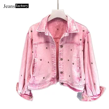 

Women Rivet Beading Casual Pink Short Style Denim Jacket Top Quality Street Loose Batwing Sleeve Pocket Jeans Jacket Femme S-L
