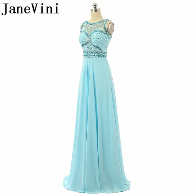 Cheap JaneVini Luxurious Crystal Beaded Long Bridesmaid Dresses A Line Sheer Neck Backless Chiffon Floor Length Wedding Party Gowns Cheap JaneVini Luxurious Crystal Beaded Long Bridesmaid Dresses A Line Sheer Neck Backless Chiffon Floor Length Wedding Party Gowns
