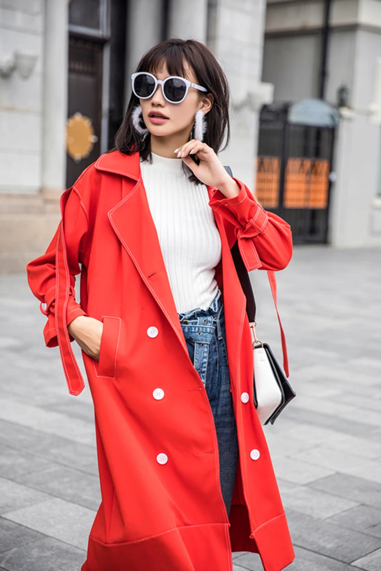 Одноцветное Удлиненные женщин Тренч 2017 уличная Пальто осень красный двубортный
