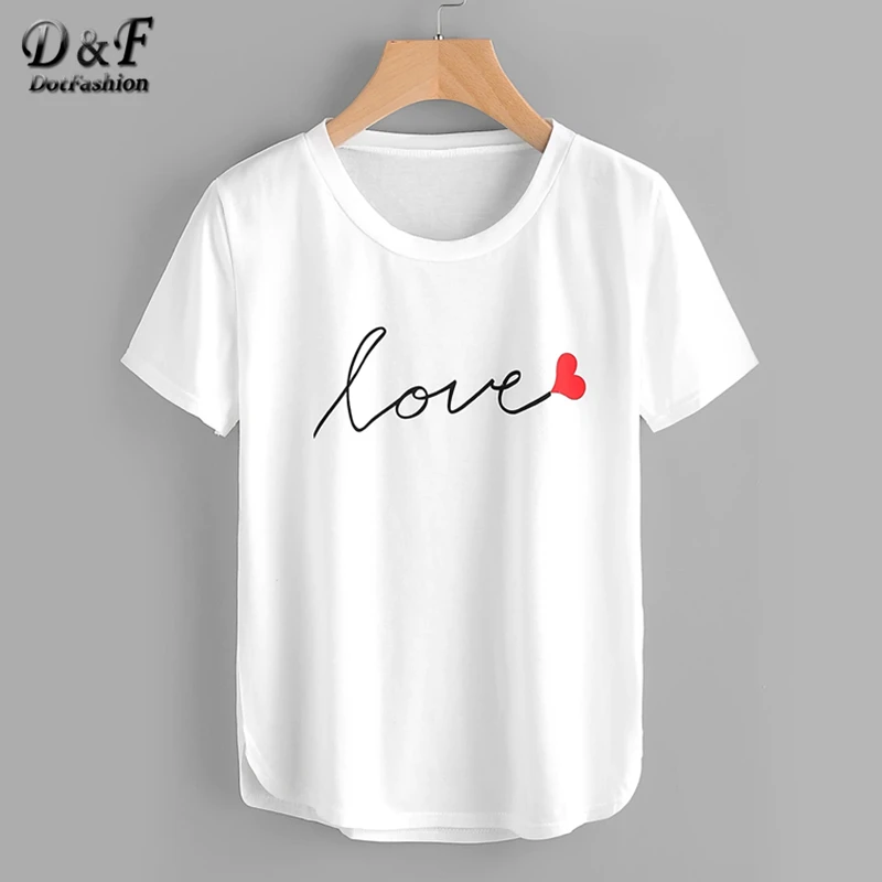 

Dotfashion Letter Print Dolphin Hem Tee 2019 Ladies Tops Summer Casual Short Sleeve Women Korean Fashion Clothing T-Shirt