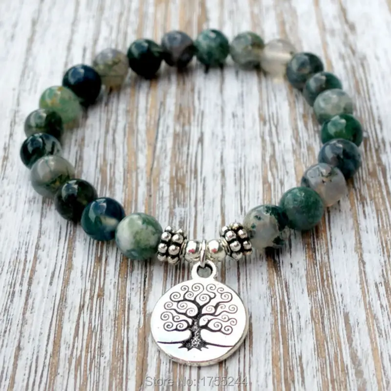 

SN1072 Genuine Moss Stone Bracelet Fashion Yoga Bracelet Wrist Mala Beads Tree of Life Healing Bracelet Buddhist Jewelry