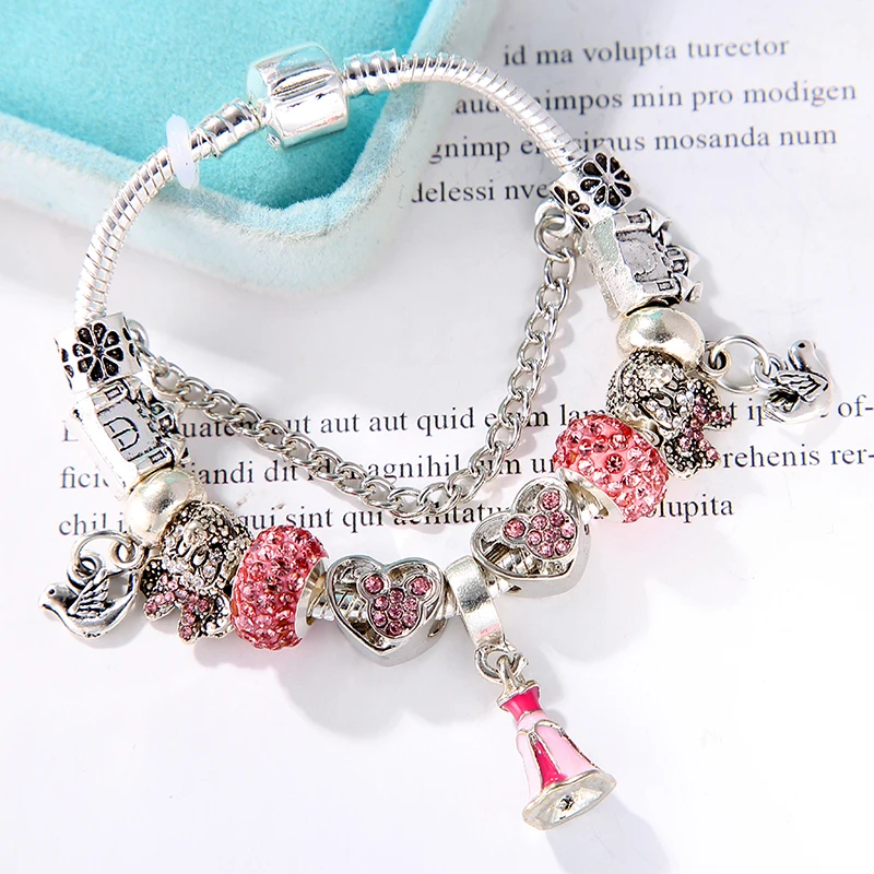 TOGORY розовый бисер браслет и браслет серебристого цвета брендовый браслет для женщин Дети DIY ювелирные изделия для Pulsera Feminina